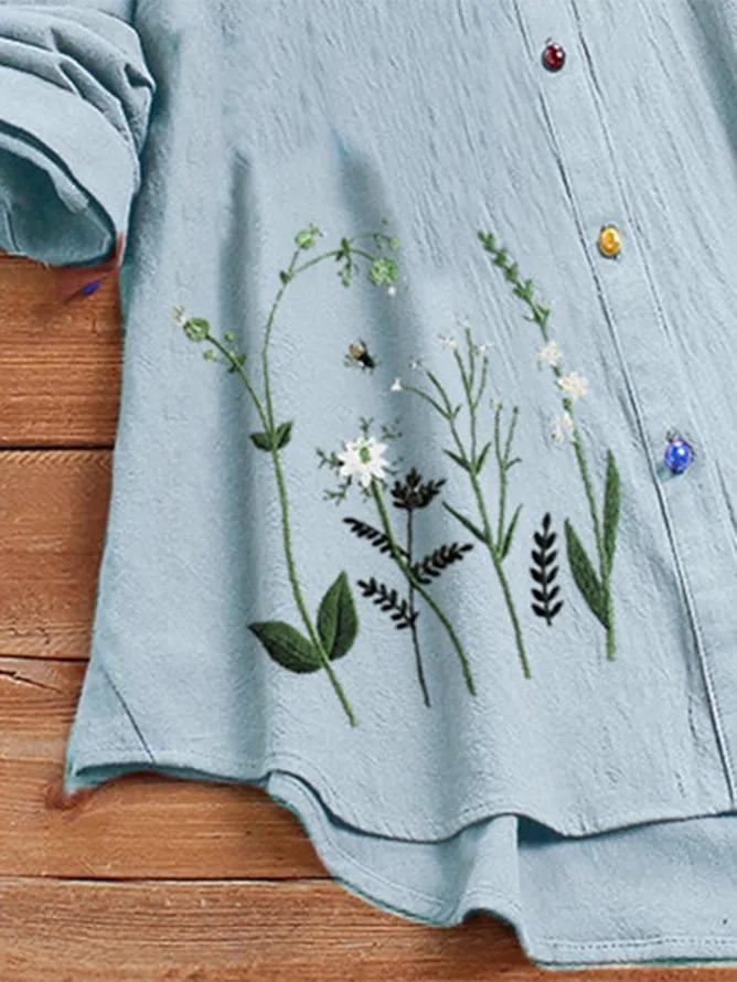Vintage Floral Embroidery Button 3/4 Sleeve Shirt