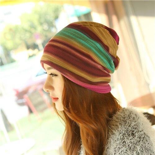 Winter Hip-Hop Hat &Scarf Multifunction Women Knitted Hat Lady Skullies Piles Striped Cap