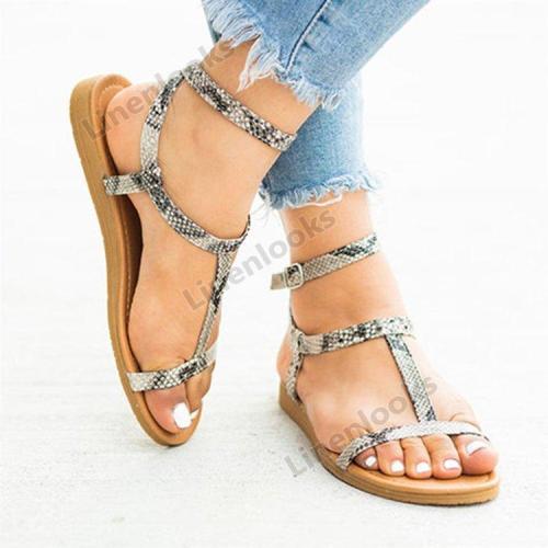 Women Summer Fashion Sandals Buckle Strap Flat Leopard Retro Peep Toe Sandals