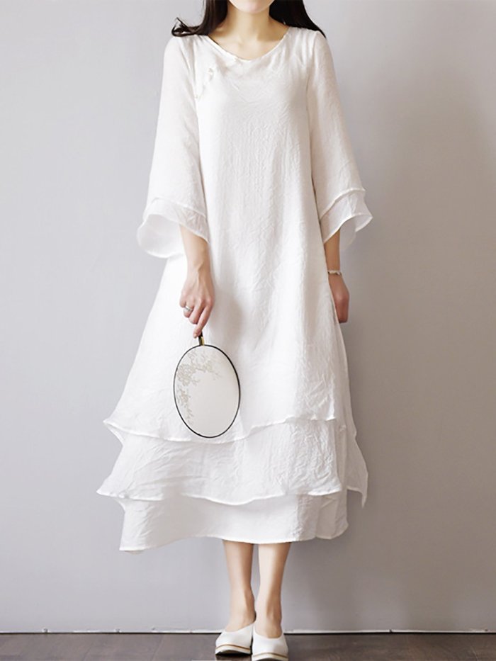 Women White Dresses Elegant Solid Color Linen Maxi Dress