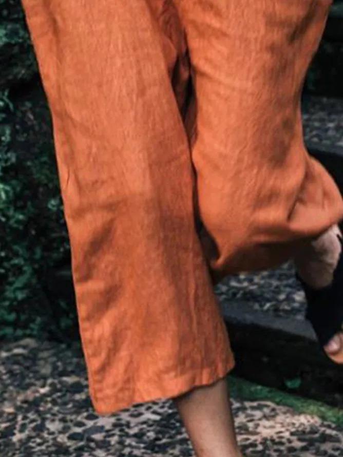 Orange Sleeveless Linen One-Pieces Jumpsuits