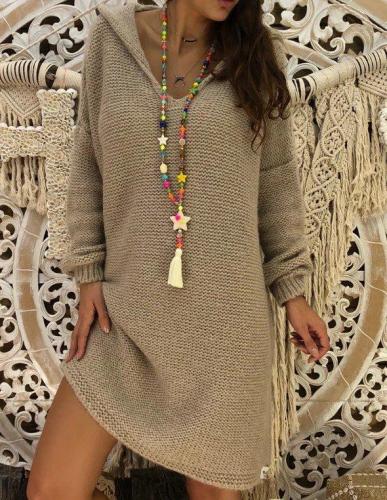 Gray Knitted Hoodie Long Sleeve Solid Shirts & Tops