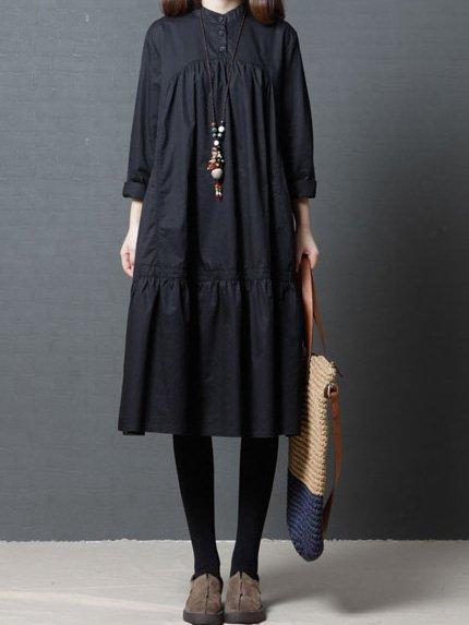 Women Long Sleeve Casual Cotton Solid Dress