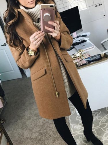 Solid Zipper Long Sleeve Stand-Up Neck Coats