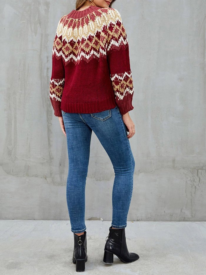Burgundy Casual Tribal Knitted Acrylic Sweaters