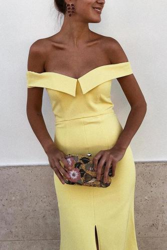 Sexy Yellow Off Shoulder Short Sleeves Fishtail Bodycon Dress