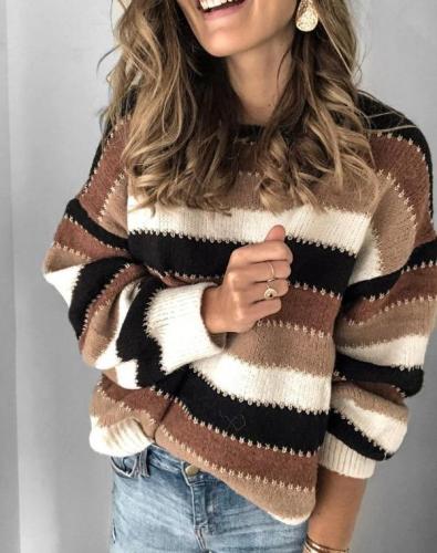 Striped Long-sleeved Sweater Top Casual O-Neck Striped Pullovers Winter Clothes Women Striped Shirt Girls Pink Sweater