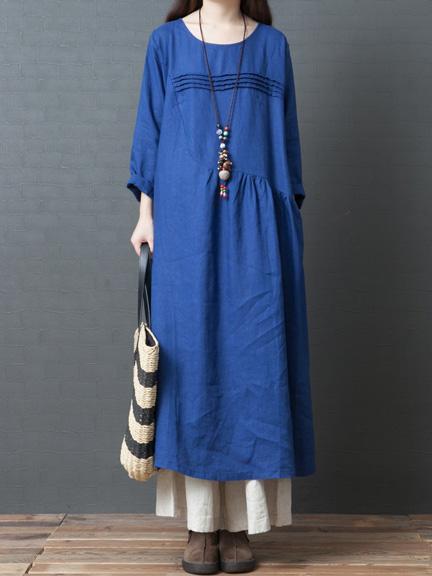 Long Sleeve Women Casual Crew Neck Loose Solid Cotton Long Dress