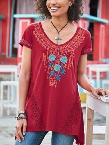 Cotton-Blend Short Sleeve Embroidered T-shirts