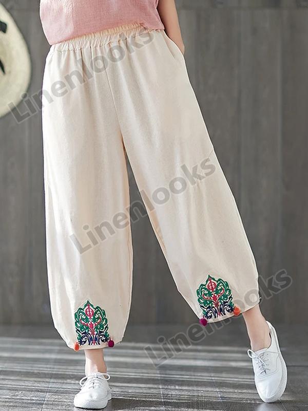 Women Vintage Embroidered Cropped Pants Ethnic Embroidery Cotton Linen Loose Pants
