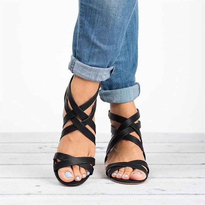 Women Fashion Cross Strap Block Heel Casual Sandals