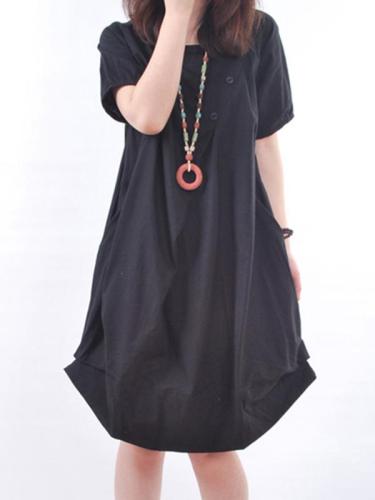 Black Solid Buttoned Cocoon Short Sleeve Casual Dress