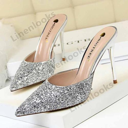Fashion Sequins Stiletto High-heeled Shallow Mouth Sandals and Slippers