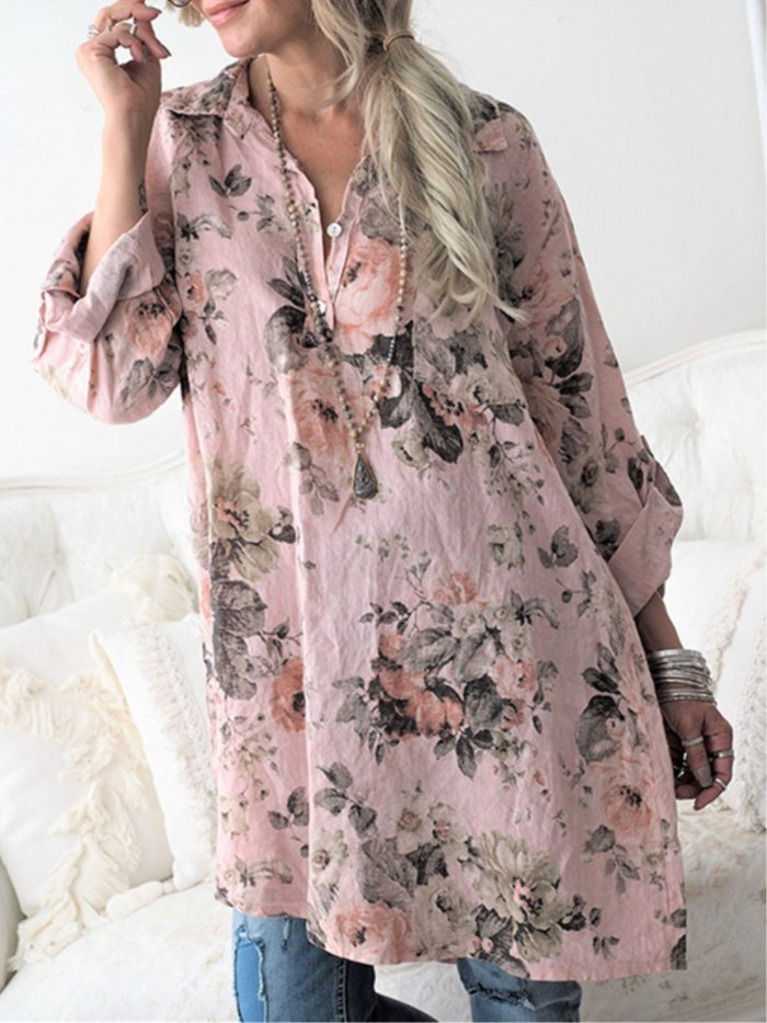 Plus Size Casual Tops Floral Printed Buttoned Long Sleeve Shirt Blouse