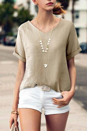 Casual  V-neck Short Sleeves Solid T-shirt