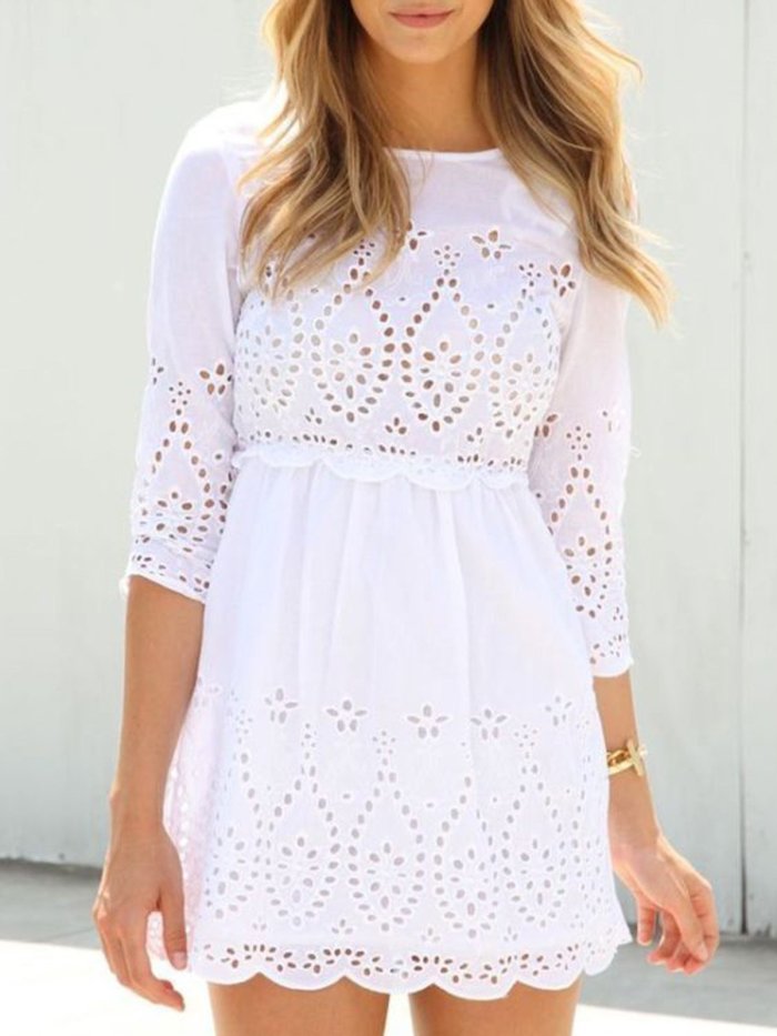 White Solid Casual Paneled Dresses