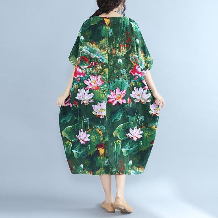 New Cotton Linen Summer Dress Floral Print Plus Size Ladies Beach Casual Dress