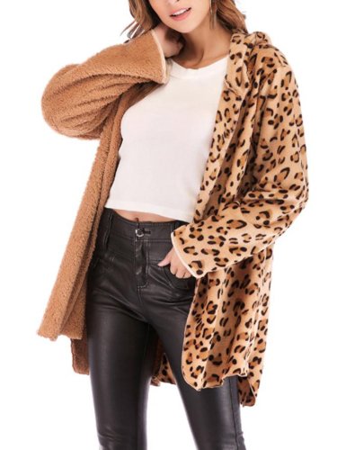 Hooded Loose Fitting Patchwork Leopard Printed Outerwear
