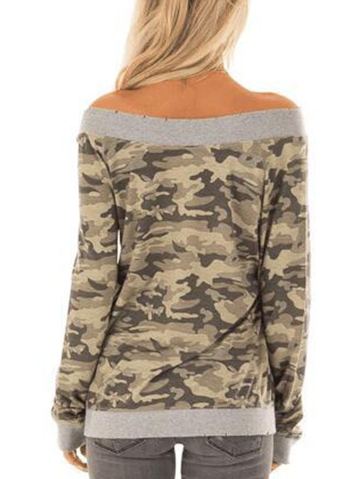 Camouflage Long Sleeve Paneled Simple & Basic T-Shirts
