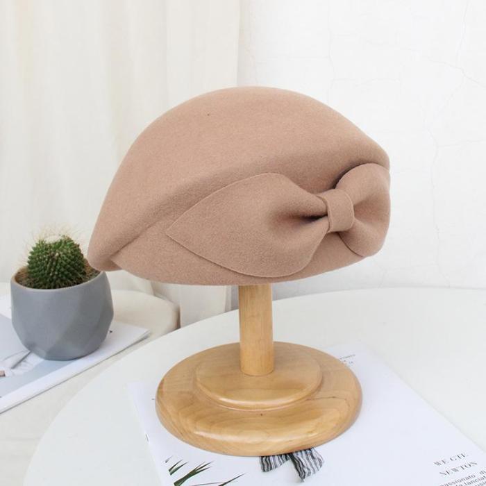 Autumn Winter Woolen Beret Elegant Bow Felt Hat
