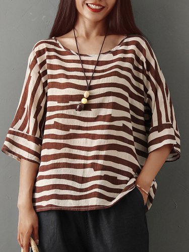 Plus Size Women Short Sleeves Round Neck Striped Floral Loose Casual Tops