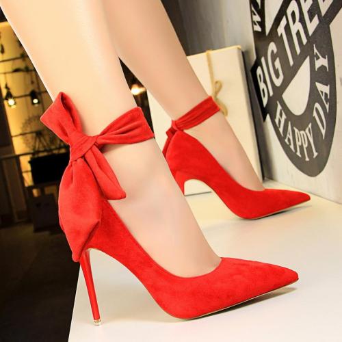 Female Simple Suede Pointed Toe Lady Strappy High Heel Shoes with Bow