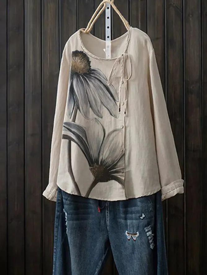 Khaki Vintage Cotton-Blend Shirts & Tops