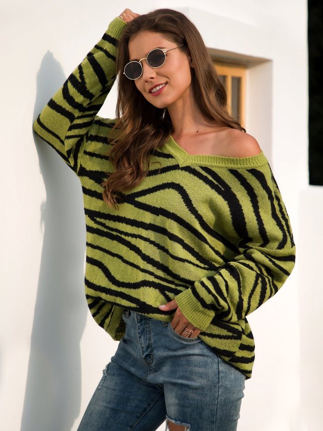 V Neck Striped Casual Long Sleeve Sweaters