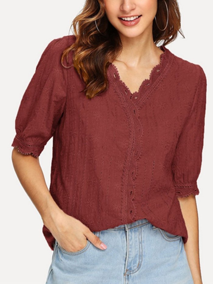 Women V-Neck Half Sleeve Embroidered Shirts