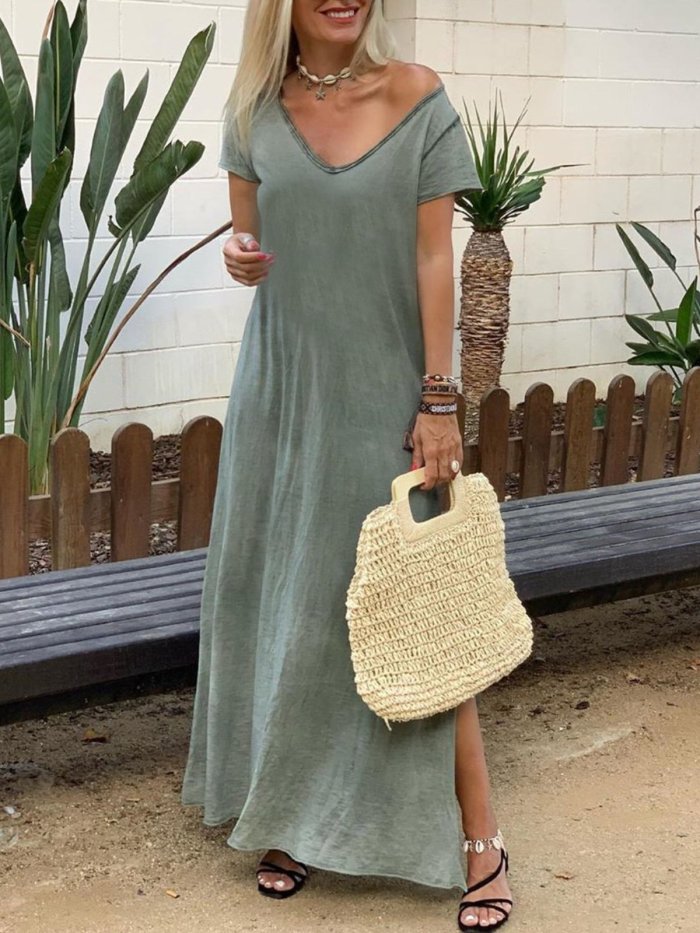 Casual Cotton Solid V Neck Dresses