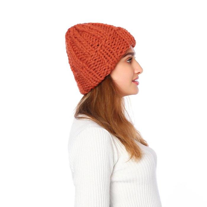 Pure-Color Curled Coarse Wool Cap Warming Knitted Beanies