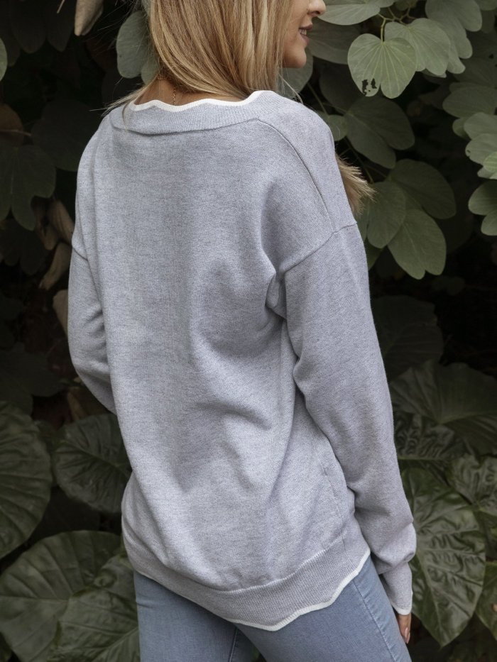 Long Sleeve Solid V Neck Knitted Sweaters