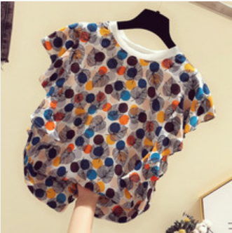 Multicolor Shift Short Sleeve Polka Dots Cotton Shirts & Tops
