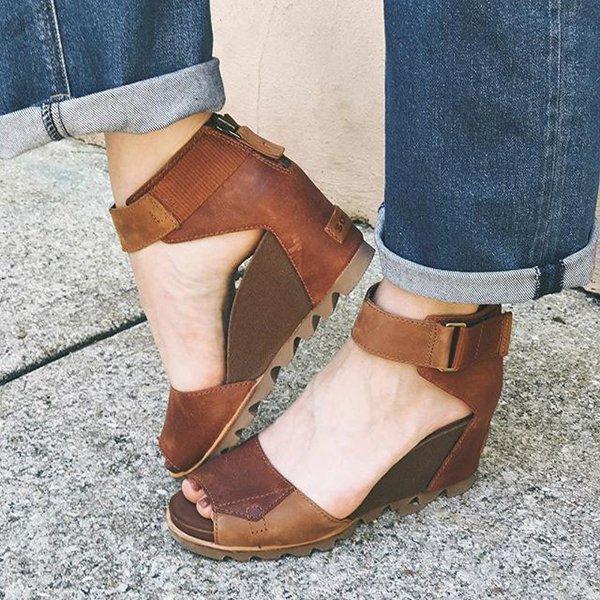 Women Peep Toe Back Zipper Wedges Non-slip Sandals