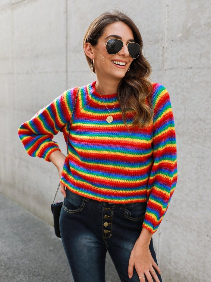 Multicolor Long Sleeve Shift Crew Neck Striped Sweaters