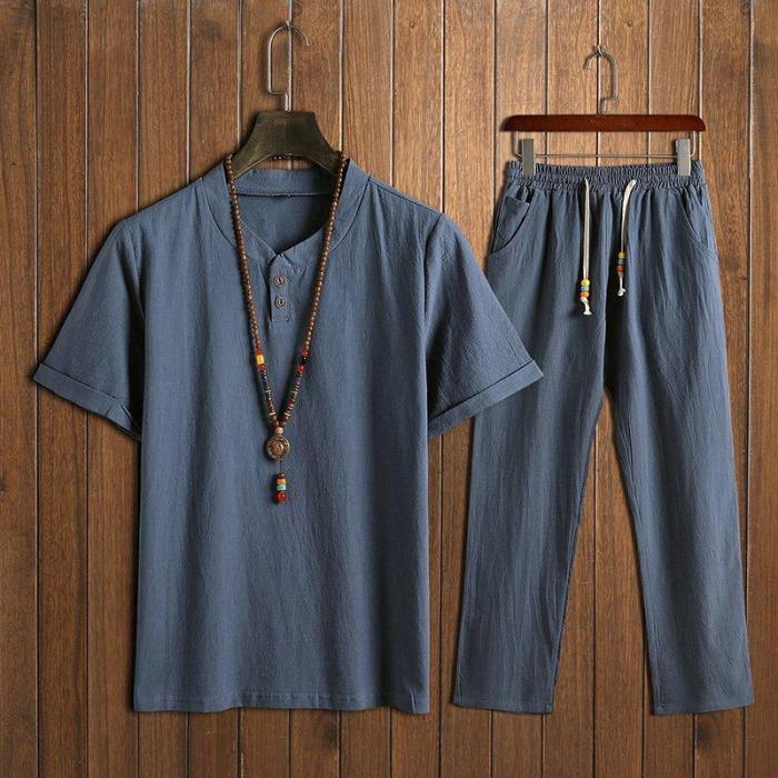 Men's Chinese Style Sets Two Buckle Short-sleeved T-shirt + Trousers Casual Two-piece