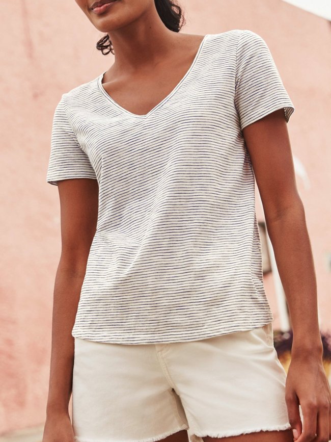 V Neck Short Sleeve Plain Cotton-Blend Shirts & Tops