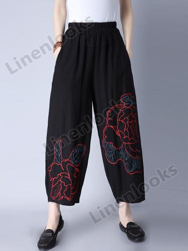 Loose Trousers Woman Elastic Waist Retro Embroidery Vintage Wide Leg Pants