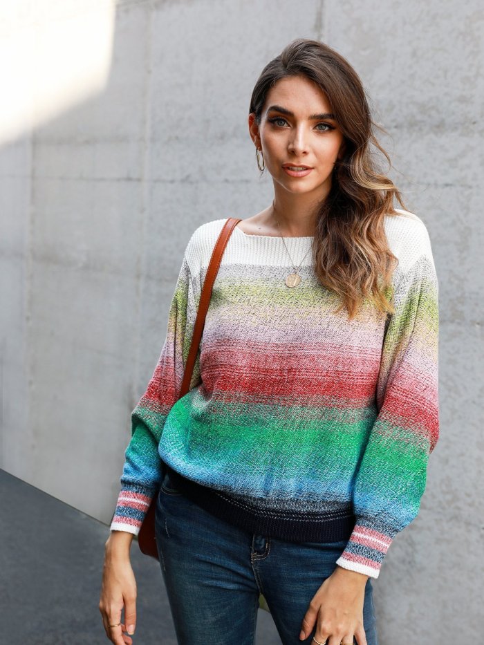 Color-Block Casual Ombre/tie-Dye Shift Sweater