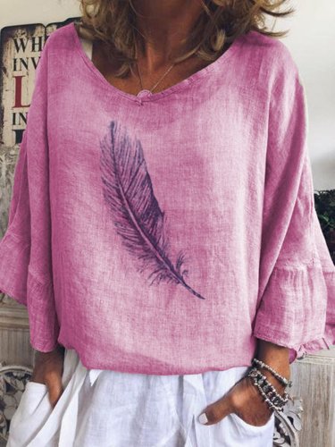 Casual Feather Printed 3/4 Sleeve Long Sleeve Blouse