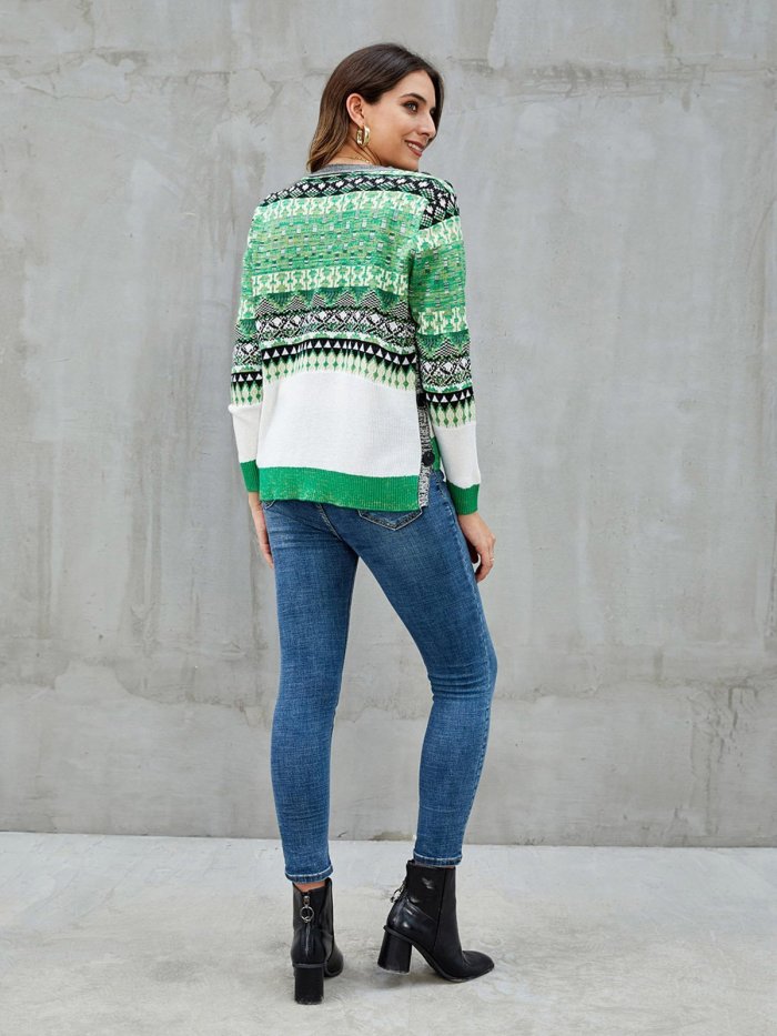 Green Knitted Color-Block Tribal Long Sleeve Sweaters