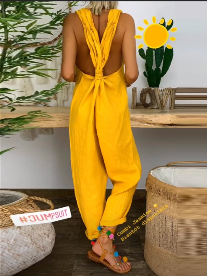 Women's Yellow Sleeveless Solid One-Pieces Jumpsuits