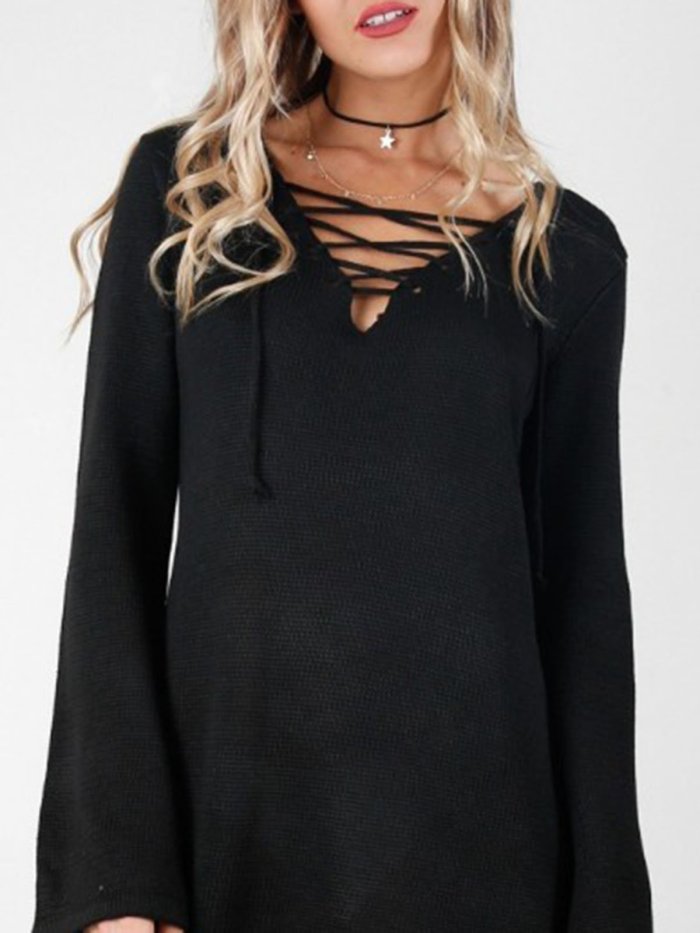 Lace Up Casual Wool Blend V-Neck Long Sleeve Knitted Dress