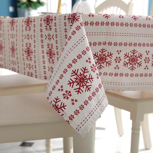 Linen Cotton Christmas Red Snowflakes Washable Tablecloth