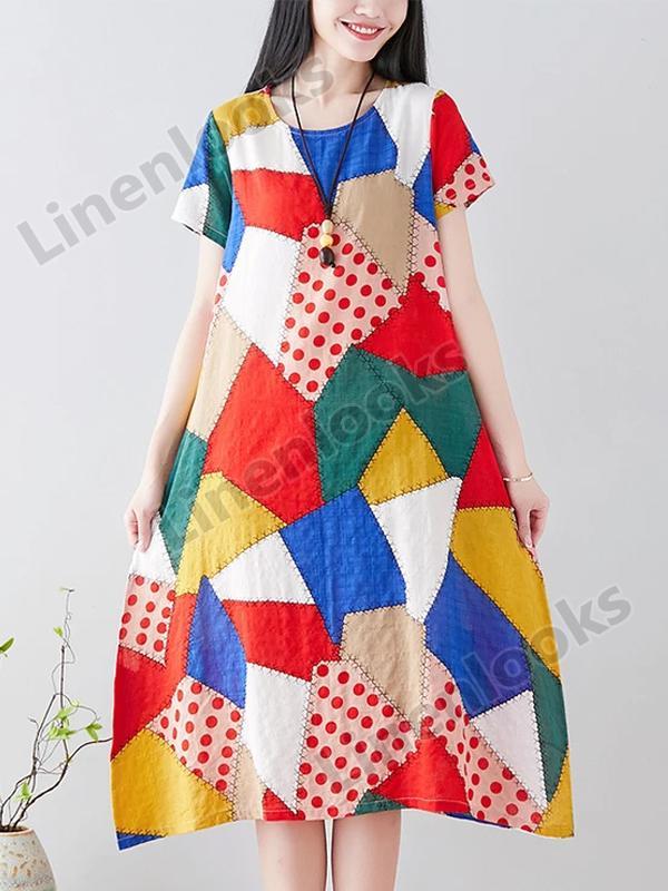 Geometric Print Women Plus Size Cotton Linen Printed O-neck Short-sleeved A-Line Dress