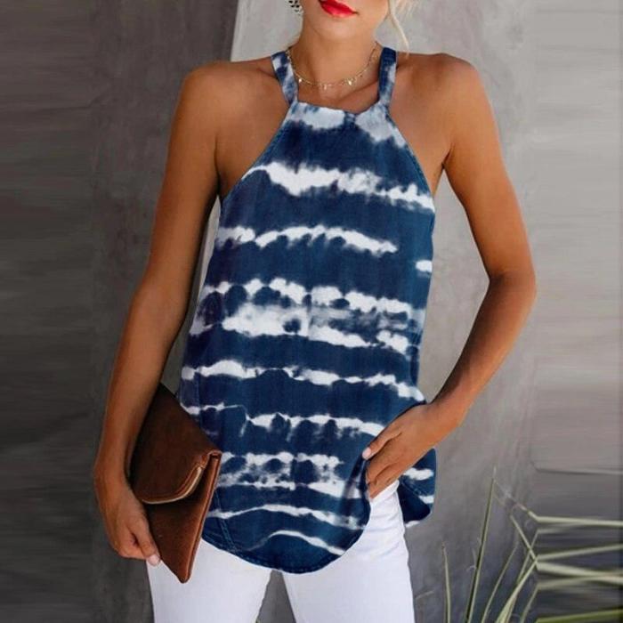Daisy Print Elegant Halter Top 2020 Summer Sleeveless Cotton Linen Blouses Shirt