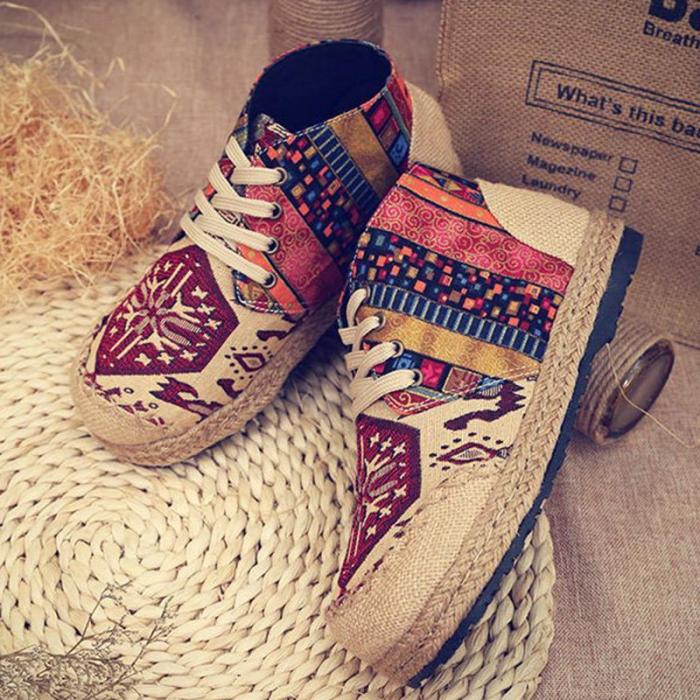 Vintage Colorful Pattern Lace Up Canvas Boots