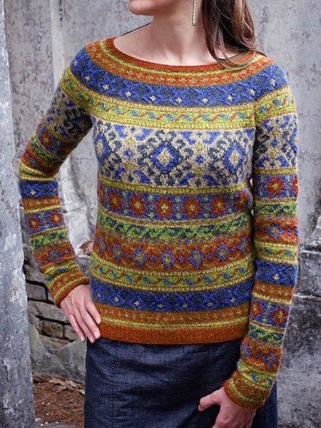 Long Sleeve Tribal Printed Crew Neck Women's Sweaters