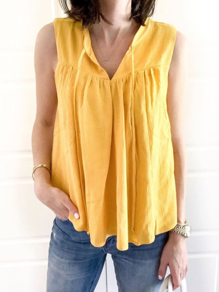 Yellow V Neck Cotton Sleeveless Solid Shirts & Tops