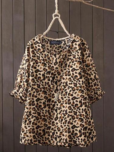 Holiday Crew Neck Cotton Leopard Print Tops